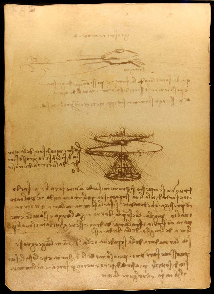 Drawing of aerial screw in Leonardo da Vinci's notebooks, c.1487-90